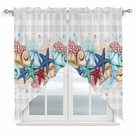 Swag Valance Curtains for Windows, Summer Starfish Light Filtering Kitchen Curtains, Blue Coral Beach Couch Coastal Grey Plaid Window Treatment Valances for Living Room, 28x36 - 2 PCS
