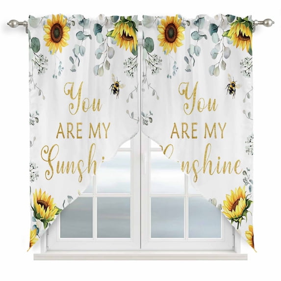 Swag Valance Curtains for Windows, Sunflower Light Filtering Kitchen Curtains with Rod Pocket, Summer Botanical Green Eucalyptus Leaves Window Treatment Valances for Living Room, 28x36 - 2 PCS