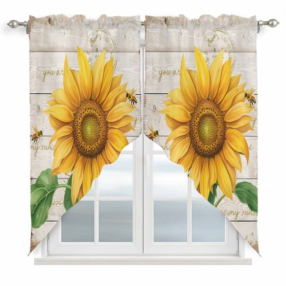 Swag Valance Curtains for Windows, Sunflower Light Filtering Kitchen Curtains with Rod Pocket, Yellow Summer Botanical Bees Pastoral Wooden Window Treatment Valances for Living Room, 36x63 - 2 PCS
