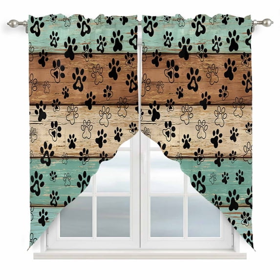 Swag Valance Curtains for Windows, Teal Blue Brown Light Filtering Kitchen Curtains with Rod Pocket, Rustic Farmhouse Dog Paw Vintage Window Treatment Valances for Living Room, 28x36 - 2 PCS