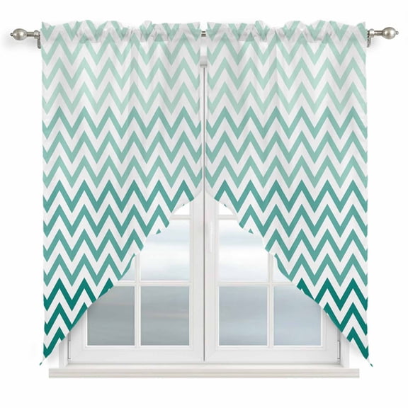 Swag Valance Curtains for Windows, Teal Chevron Light Filtering Kitchen Curtains with Rod Pocket, Ombre Geometric Ocean Wave V-shaped Window Treatment Valances for Living Room, 36x36 - 2 PCS