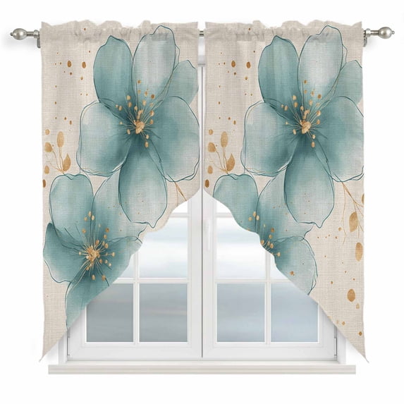 Swag Valance Curtains for Windows, Teal Elegant Spring Floral Light Filtering Kitchen Curtains with Rod Pocket, Pastoral Flowers Rustic Window Treatment Valances for Living Room, 36x36 - 2 PCS