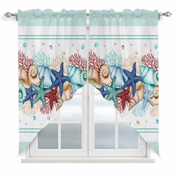 Swag Valance Curtains for Windows, Teal Green Starfish Light Filtering Kitchen Curtains with Rod Pocket, Summer Coral Beach Conch Coastal Window Treatment Valances for Living Room, 36x36 - 2 PCS