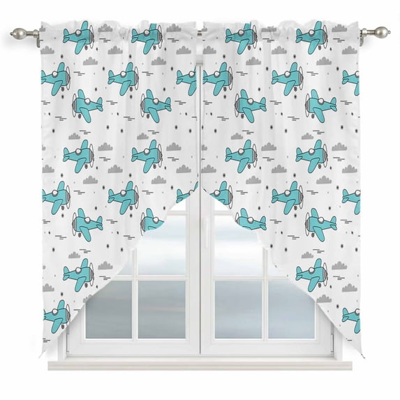 Swag Valance Curtains for Windows, Turquoise Airplane Light Filtering Kitchen Curtains with Rod Pocket, Modern Abstract Art Cartoon Clouds Window Treatment Valances for Living Room, 36x36 - 2 PCS