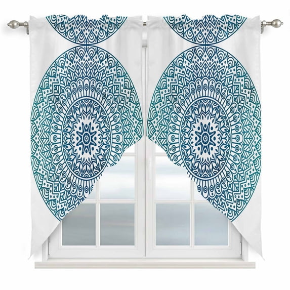 Swag Valance Curtains for Windows, Turquoise Boho Light Filtering Kitchen Curtains with Rod Pocket, Retro Ethnic Teal Geometric Aesthetic Window Treatment Valances for Living Room, 36x63 - 2 PCS