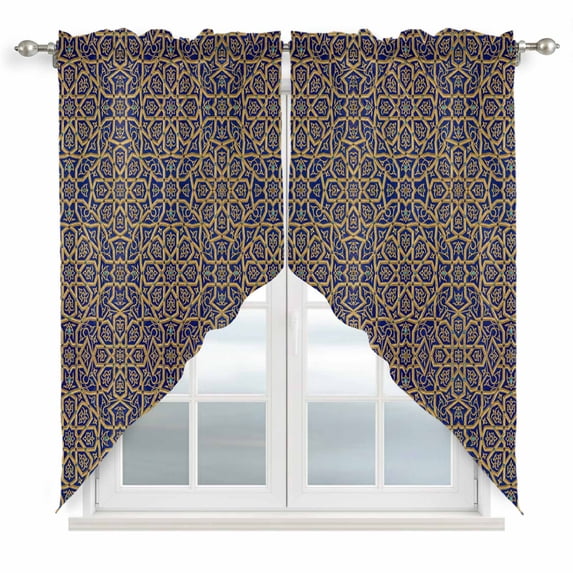 Swag Valance Curtains for Windows, Vintage Mediterranean Light Filtering Kitchen Curtains with Rod Pocket, Retro Morocco Abstract Art Brown Blue Window Treatment Valances, 36x36 - 2 PCS