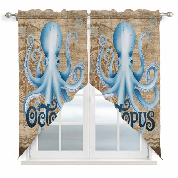Swag Valance Curtains for Windows, Vintage Octopus Light Filtering Kitchen Curtains with Rod Pocket, Brown Nautical Anchor Bubbles Coastal Window Treatment Valances for Living Room, 28x36 - 2 PCS