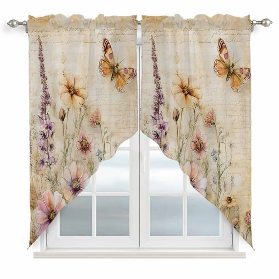 Swag Valance Curtains for Windows, Vintage Spring Floral Light Filtering Kitchen Curtains, Farmhouse Flowers Summer Botanical Retro Window Treatment Valances for Living Room, 36x63 - 2 PCS
