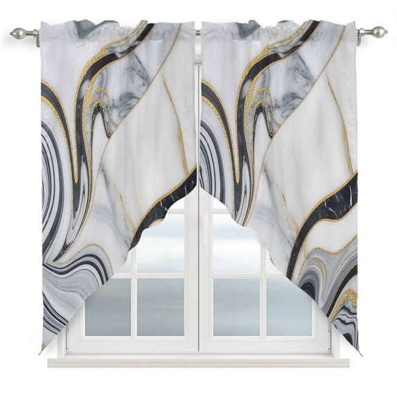 Swag Valance Curtains for Windows, White Grey Marble Light Filtering Kitchen Curtains with Rod Pocket, Modern Abstract Art Ink Painting Window Treatment Valances for Living Room, 36x63 - 2 PCS