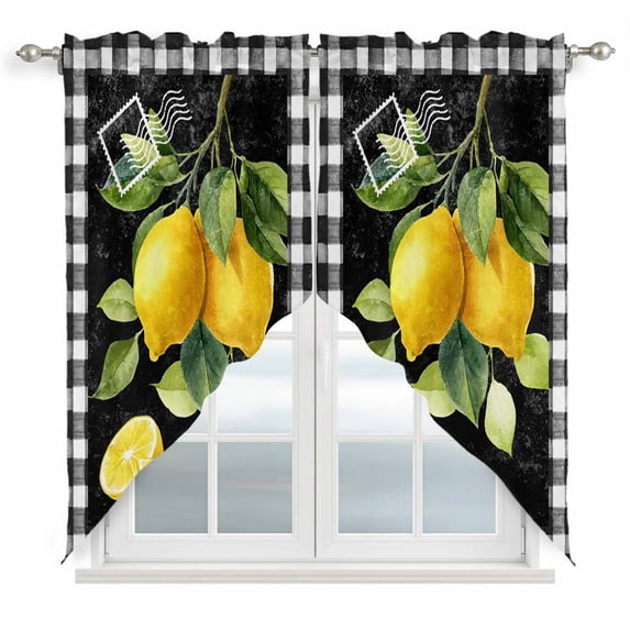 Swag Valance Curtains for Windows, Yellow Lemon Light Filtering Kitchen Curtains with Rod Pocket, Summer Botanical Black White Checkered Window Treatment Valances for Living Room, 28x36 - 2 PCS