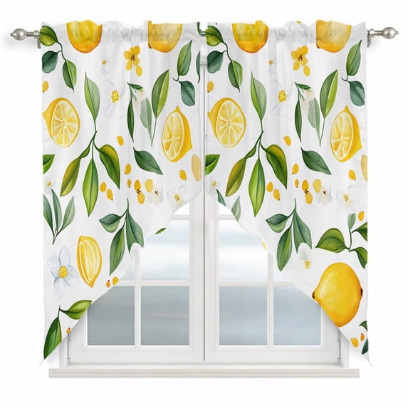Swag Valance Curtains for Windows, Yellow Lemon Light Filtering Kitchen Curtains with Rod Pocket, White Flowers Botanical Fruit Decorative Window Treatment Valances for Living Room, 28x36 - 2 PCS