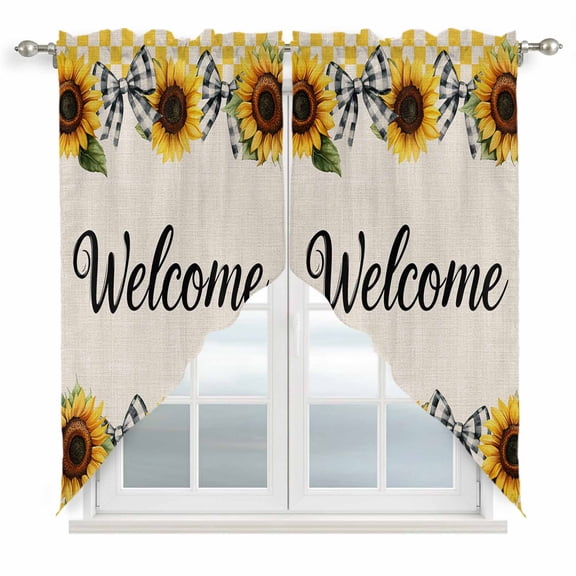 Swag Valance Curtains for Windows, Yellow Sunflower Plaid Light Filtering Kitchen Curtains with Rod Pocket, Bows Beige Vintage Pastoral Window Treatment Valances for Living Room, 28x36 - 2 PCS