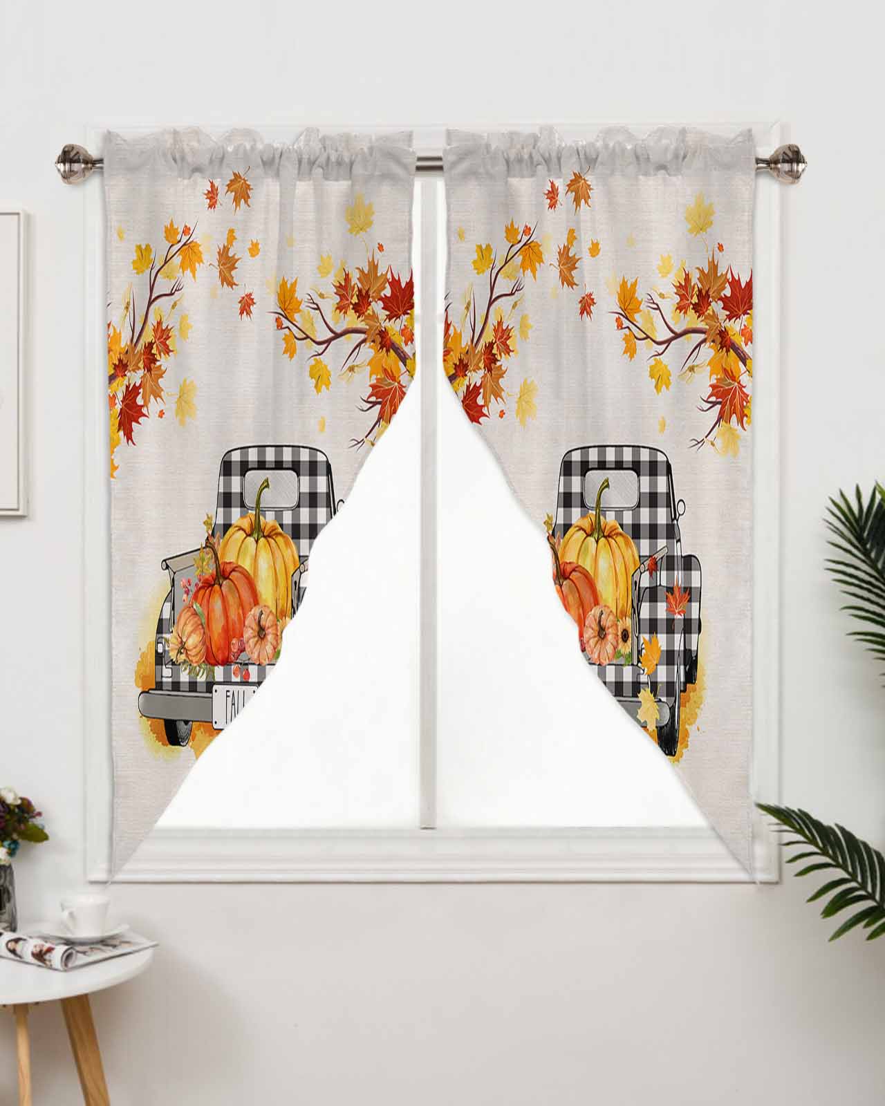 Swag Valance for Window Thanksgiving Black Buffalo Plaid Pumpkin Maple