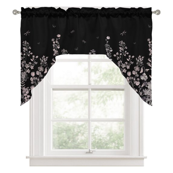 Swag Valances for Windows, Black Botanical Kitchen Valance Rod Pocket Window Treatment, Dragonfly Flower Leaf Retro Style Bathroom Swag Curtain Panel for Living Room, 56 x 36 inch