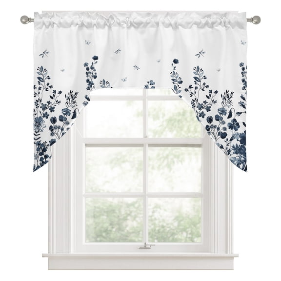 Swag Valances for Windows, Blue Botanical Kitchen Valance Rod Pocket Window Treatment, Dragonfly Flower Leaf Retro Ink Style Bathroom Swag Curtain Panel for Living Room, 56 x 36 inch