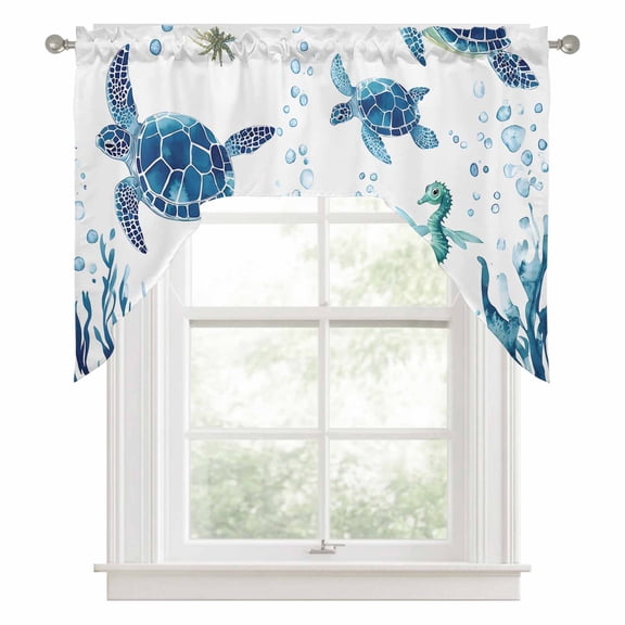 Swag Valances for Windows, Blue Green Sea Turtle Kitchen Valance Rod Pocket Window Treatment, Summer Ocean Coral Fish Seahorse Bathroom Swag Curtain Panel for Living Room, 56 x 36 inch