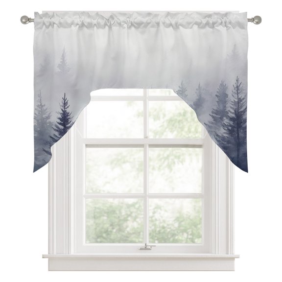 Swag Valances for Windows, Blue Mist Forest Kitchen Valance Rod Pocket Window Treatment, Pine Larch Trees Natural Landscape Bathroom Swag Curtain Panel for Living Room, 56 x 36 inch