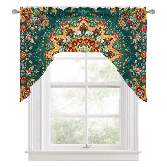 Swag Valances for Windows, Boho Flower Kitchen Valance Rod Pocket Window Treatment, Yellow Green Bohemian Colorful Medallion Bathroom Swag Curtain Panel for Living Room, 56 x 36 inch