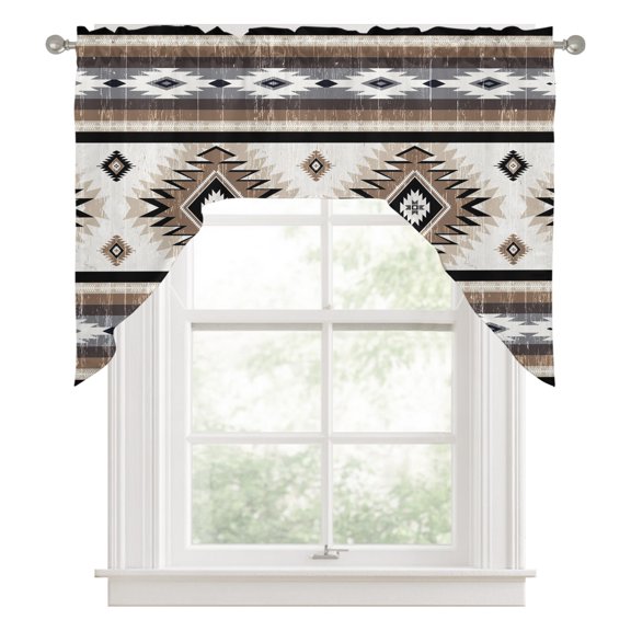 Swag Valances for Windows, Brown Boho Kitchen Valance Rod Pocket Window Treatment, Southwestern Ethnic Aztec Retro Geometric Bathroom Swag Curtain Panel for Living Room, 56 x 36 inch