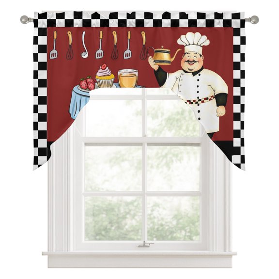 Swag Valances for Windows, Chef Kitchen Valance Rod Pocket Window Treatment, Cartoon Red Food Cooking Black White Buffalo Check Bathroom Swag Curtain Panel for Living Room, 56 x 36 inch
