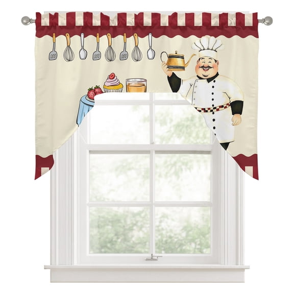 Swag Valances for Windows, Chef Kitchen Valance Rod Pocket Window Treatment, Red Fruit Cake Hat Kitchen Gourmet Vintage Bathroom Swag Curtain Panel for Living Room, 56 x 36 inch