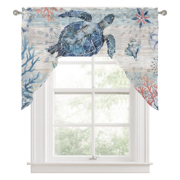 Swag Valances for Windows, Coastal Turtle Kitchen Valance Rod Pocket Window Treatment, Rustic Nautical Starfish Conch Coral Wood Bathroom Swag Curtain Panel for Living Room, 56 x 36 inch