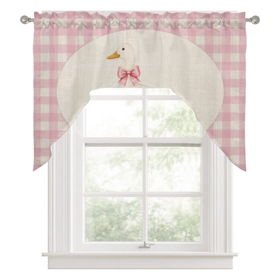 Swag Valances for Windows, Duck Kitchen Valance Rod Pocket Window Treatment, Farmhouse Pink Plaid Bow Country Vintage Checked Bathroom Swag Curtain Panel for Living Room, 56 x 36 inch