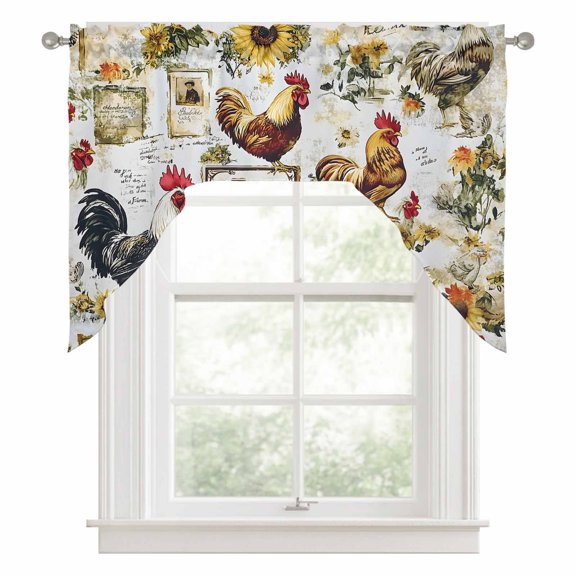 Swag Valances for Windows, Farm Rooster Kitchen Valance Rod Pocket Window Treatment, Vintage Farmhouse Animals Sunflower Bathroom Swag Curtain Panel for Living Room, 56 x 36 inch