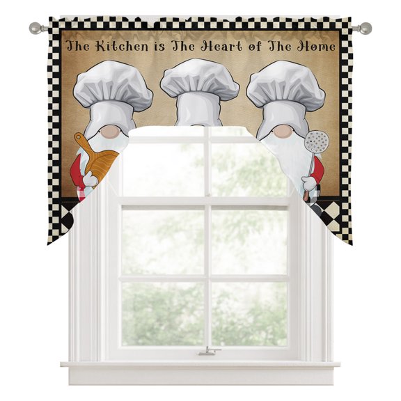 Swag Valances for Windows, Farmhouse Chef Gnomes Kitchen Valance Rod Pocket Window Treatment, Vintage Black White Plaid Bathroom Swag Curtain Panel for Living Room, 56 x 36 inch