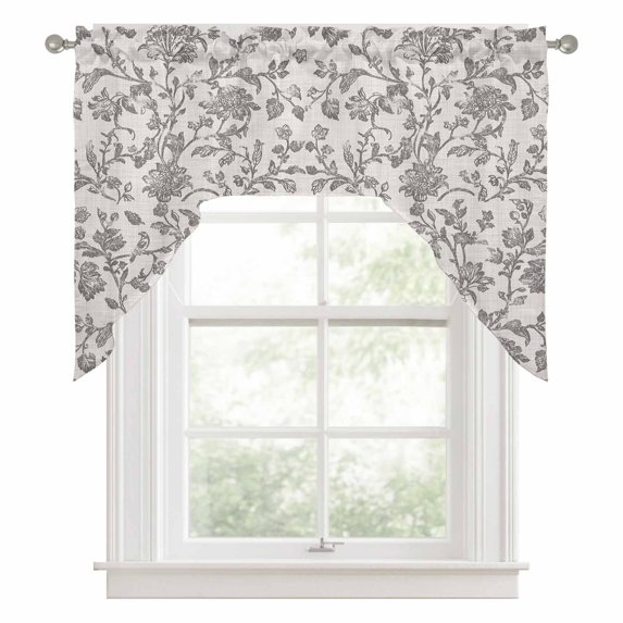 Swag Valances for Windows, Farmhouse Grey Kitchen Valance Rod Pocket Window Treatment, Vintage Flower Leaf Botanical Plant Bathroom Swag Curtain Panel for Living Room, 56 x 36 inch