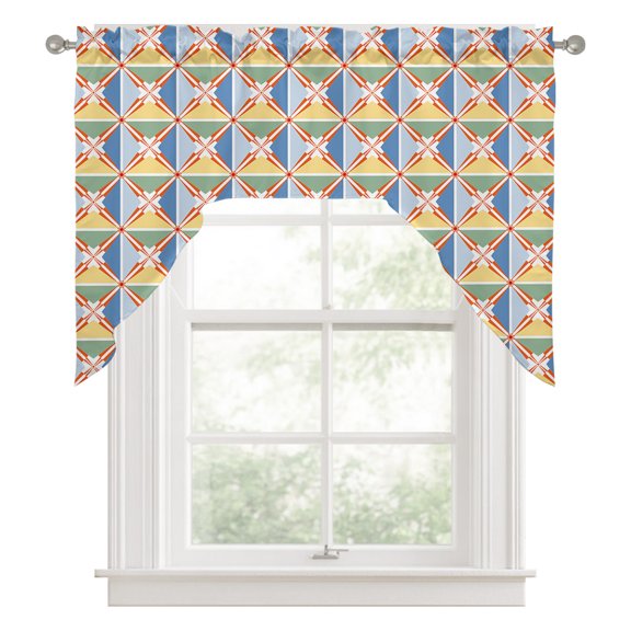 Swag Valances for Windows, Geometric Navy Plaid, Kitchen Valance Rod Pocket Window Treatment, Abstract Minimalistic Ethnic Grid Flowers Bathroom Swag Curtain Panel for Living Room, 56 x 36 inch