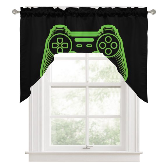Swag Valances for Windows, Green Game Controller Kitchen Valance Rod Pocket Window Treatment, Modern Art Gaming Handheld Black Bathroom Swag Curtain Panel for Living Room, 56 x 36 inch