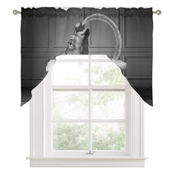 Swag Valances for Windows, Hippo Kitchen Valance Rod Pocket Window Treatment, Funny Animal Bathtub Abstract Art Grey Bathroom Swag Curtain Panel for Living Room, 56 x 36 inch