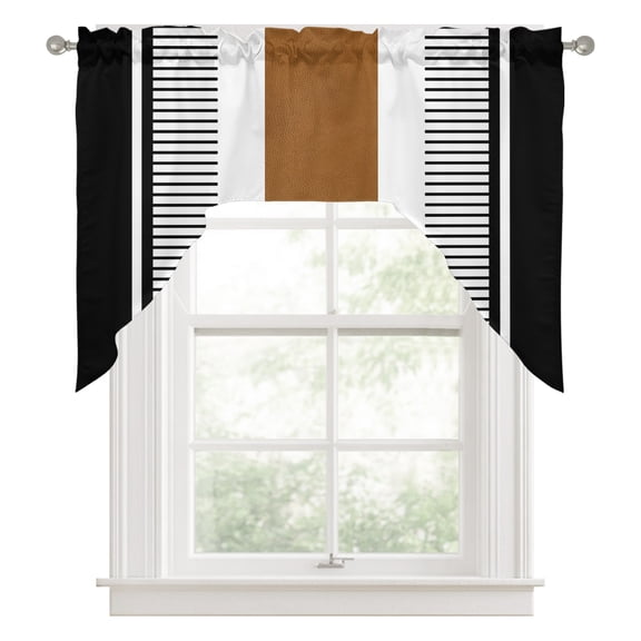 Swag Valances for Windows, Modern Brown Black Kitchen Valance Rod Pocket Window Treatment, Boho Contemporary Geometric Striped Bathroom Swag Curtain Panel for Living Room, 56 x 36 inch