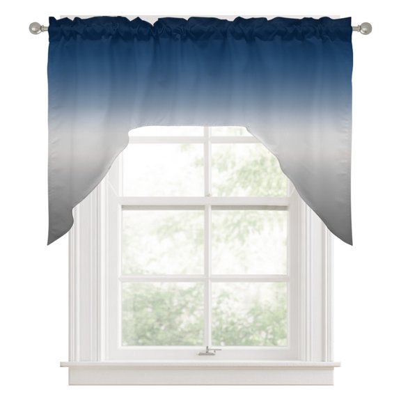 Swag Valances for Windows, Navy Blue Gray Ombre Kitchen Valance Rod Pocket Window Treatment, Modern Gradient Abstract Art Bathroom Swag Curtain Panel for Living Room, 56 x 36 inch