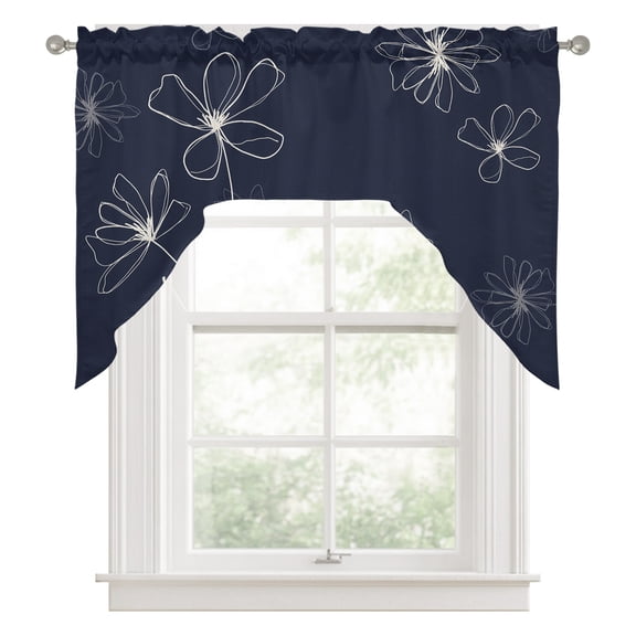 Swag Valances for Windows, Navy Blue Kitchen Valance Rod Pocket Window Treatment, Spring Flora Bathroom Swag Curtain Panel for Living Room, 56 x 36 inch