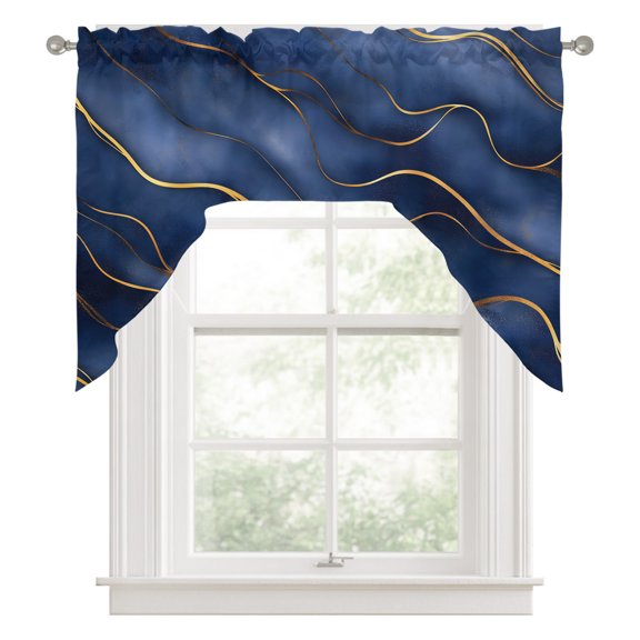 Swag Valances for Windows, Navy Blue Marble Kitchen Valance Rod Pocket Window Treatment, Modern Golden Geometric Art Bathroom Swag Curtain Panel for Living Room, 56 x 36 inch