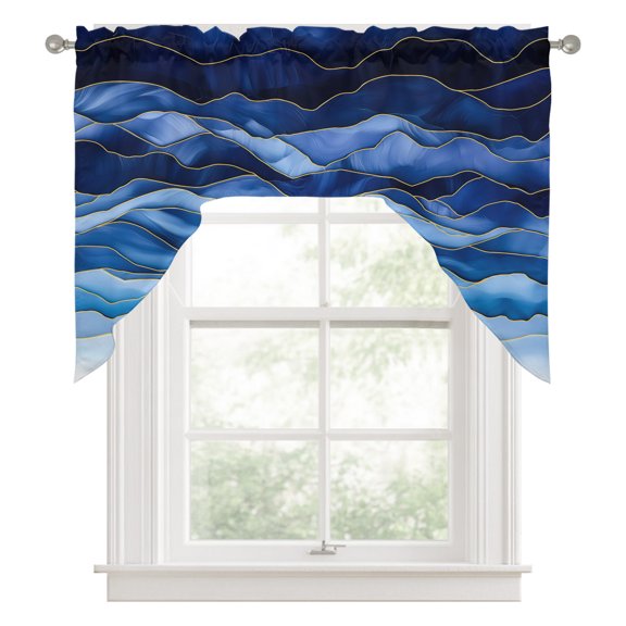 Swag Valances for Windows, Navy Blue Ombre Kitchen Valance Rod Pocket Window Treatment, Modern Moire Abstract Art Luxury Bathroom Swag Curtain Panel for Living Room, 56 x 36 inch