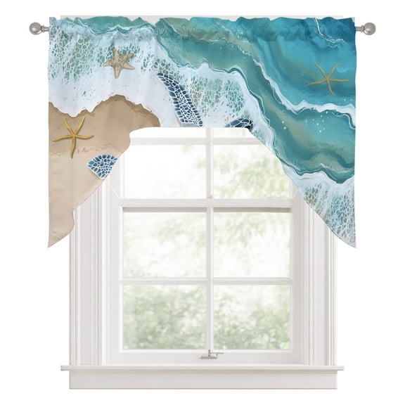 Swag Valances for Windows, Ocean Turtle Kitchen Valance Rod Pocket Window Treatment, Gradient Turquoise Wave Starfish Beach Bathroom Swag Curtain Panel for Living Room, 56 x 36 inch