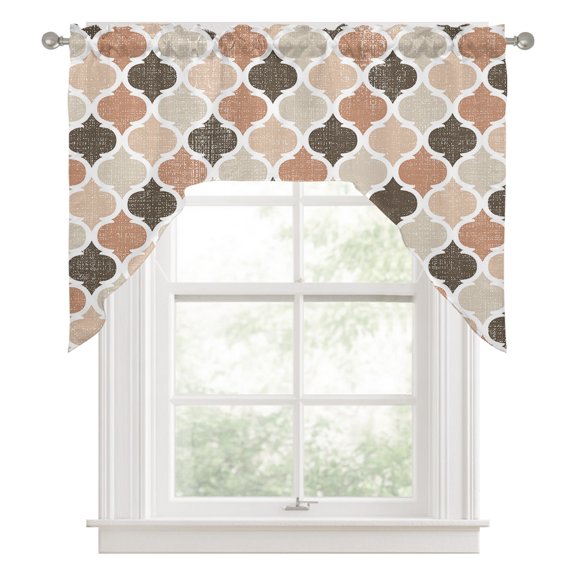 Swag Valances for Windows, Ombre Brown Geometric Plaid Retro Abstract Morocco Gingham Kitchen Valance Rod Pocket Window Treatment, Bathroom Swag Curtain Panel for Living Room, 56 x 36 inch