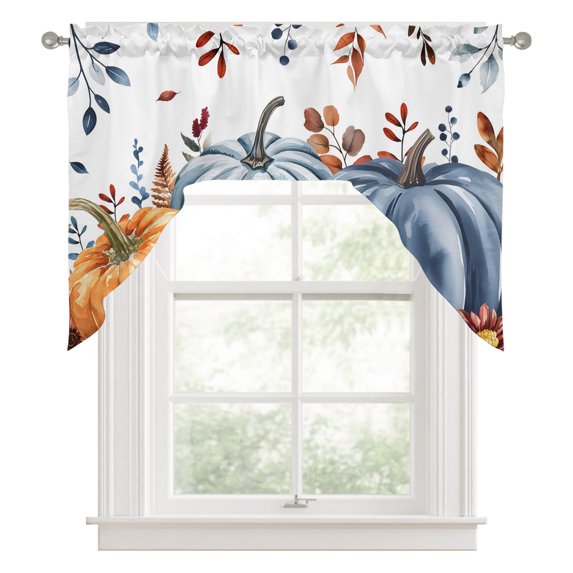 Swag Valances for Windows, Orange Blue Pumpkins Fall Kitchen Valance Rod Pocket Window Treatment, Thanksgiving Floral Botanical Bathroom Swag Curtain Panel for Living Room, 56 x 36 inch