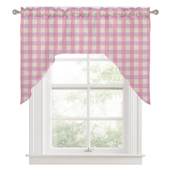 Swag Valances for Windows, Pink Kitchen Valance Rod Pocket Window Treatment, Grid Checkered Plaid Gingham Lattice Trellis Bathroom Swag Curtain Panel for Living Room, 56 x 36 inch