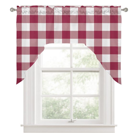 Swag Valances for Windows, Plaid Red, Kitchen Valance Rod Pocket Window Treatment, Abstract Minimalistic Geometric Lattice Bathroom Swag Curtain Panel for Living Room, 56 x 36 inch