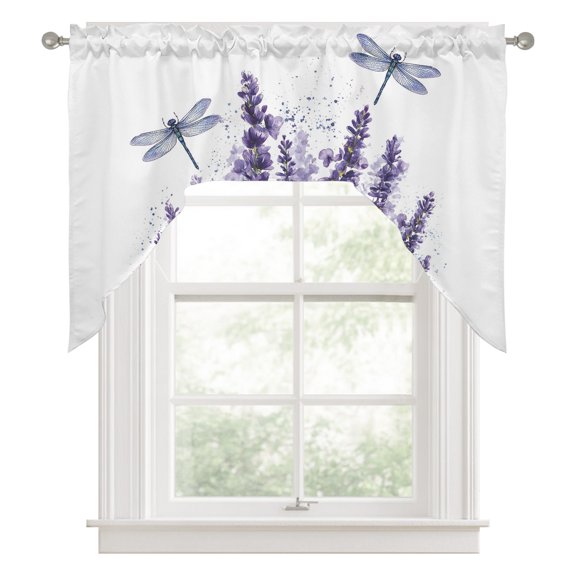 Swag Valances for Windows, Purple Lavender Kitchen Valance Rod Pocket Window Treatment, Pastoral Botanical Floral Dragonfly Bathroom Swag Curtain Panel for Living Room, 56 x 36 inch