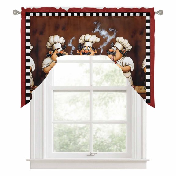Swag Valances for Windows, Red Chef Kitchen Valance Rod Pocket Window Treatment, Kitchen Gourmet Black Plaid Vintage Bathroom Swag Curtain Panel for Living Room, 56 x 36 inch