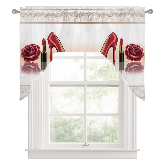 Swag Valances for Windows, Red Roses Kitchen Valance Rod Pocket Window Treatment, High Heel Modern Art Bathroom Swag Curtain Panel for Living Room, 56 x 36 inch