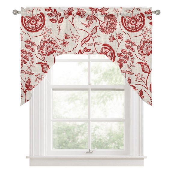 Swag Valances for Windows, Red Spring Floral Kitchen Valance Rod Pocket Window Treatment, Summer Botanical Farmhouse Bathroom Swag Curtain Panel for Living Room, 56 x 36 inch