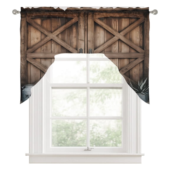 Swag Valances for Windows, Retro Brown Door Kitchen Valance Rod Pocket Window Treatment, Country Vintage Wooden Door Bathroom Swag Curtain Panel for Living Room, 56 x 36 inch