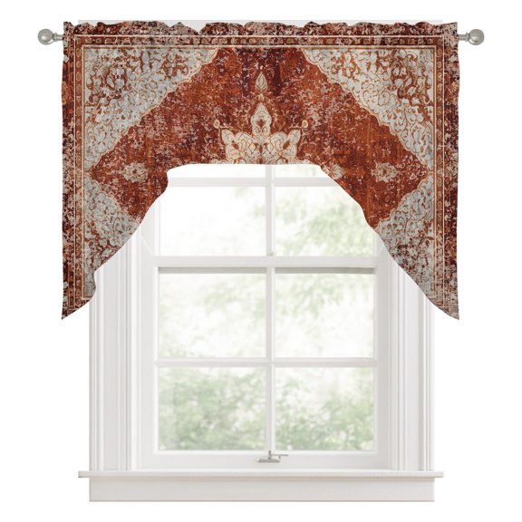 Swag Valances for Windows, Retro Brown Kitchen Valance Rod Pocket Window Treatment, Boho Western Modern Geometric Abstract Art Bathroom Swag Curtain Panel for Living Room, 56 x 36 inch