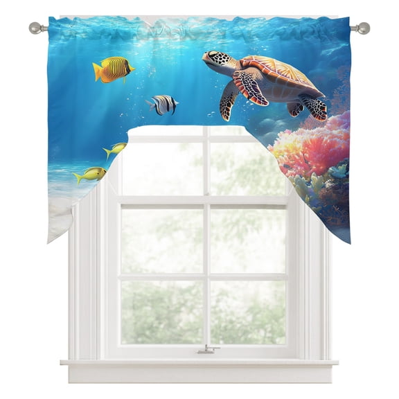 Swag Valances for Windows, Sea Turtle Coastal Kitchen Valance Rod Pocket Window Treatment, Summer Beach Coral Ocean Fishes Bathroom Swag Curtain Panel for Living Room, 56 x 36 inch
